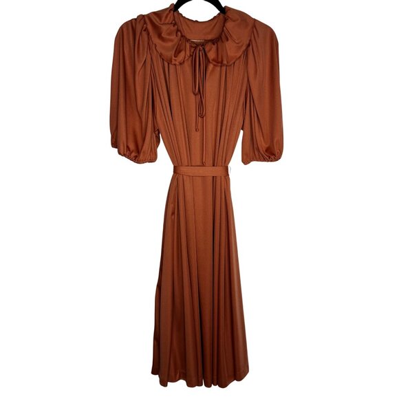 VTG 1970s Sz XL Copper Puff Sleeve Flowy Blouson Dress Peter Pan Collar & Belt - Picture 1 of 9